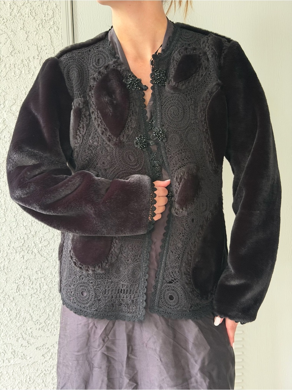 Johnny Was Faux Fur Crochet Jacket Black Beaded Size Small NWT